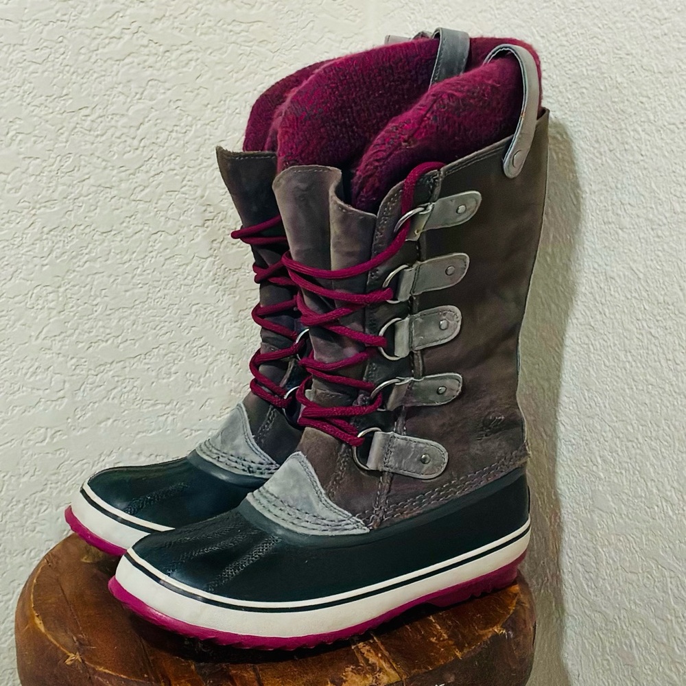 Sorel Joan of Arctic Knit Shale Winter Boots Leather Waterproof Purple